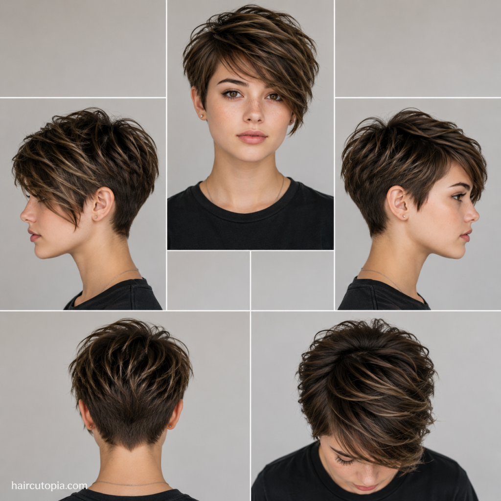 Long pixie haircut for teen girls shown from the front, left side, right side, back, and top views.