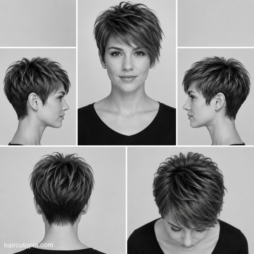 Long pixie haircut for thick hair shown from the front, left side, right side, back, and top views.