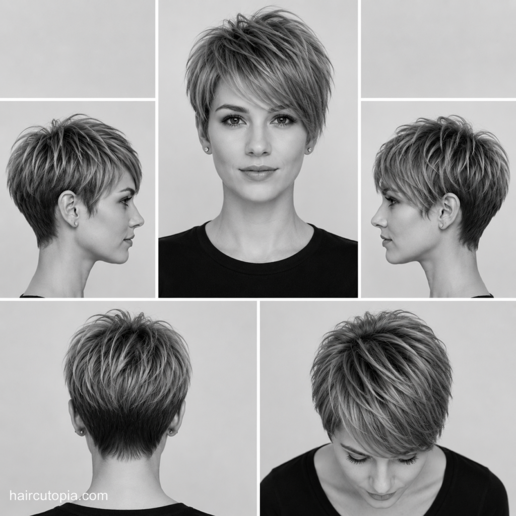 Long pixie haircut for thin hair shown from the front, left side, right side, back, and top views.