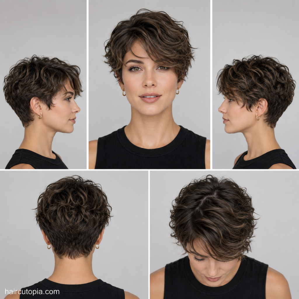 Long pixie haircut for wavy hair shown from the front, left side, right side, back, and top views.