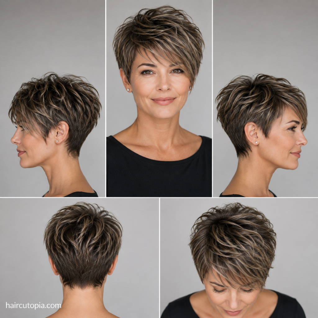 Long pixie haircut for women over 40 shown from the front, side, back, and top views.