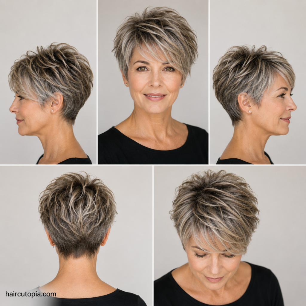 Long pixie haircut for women over 50 shown from the front, side, back, and top views.