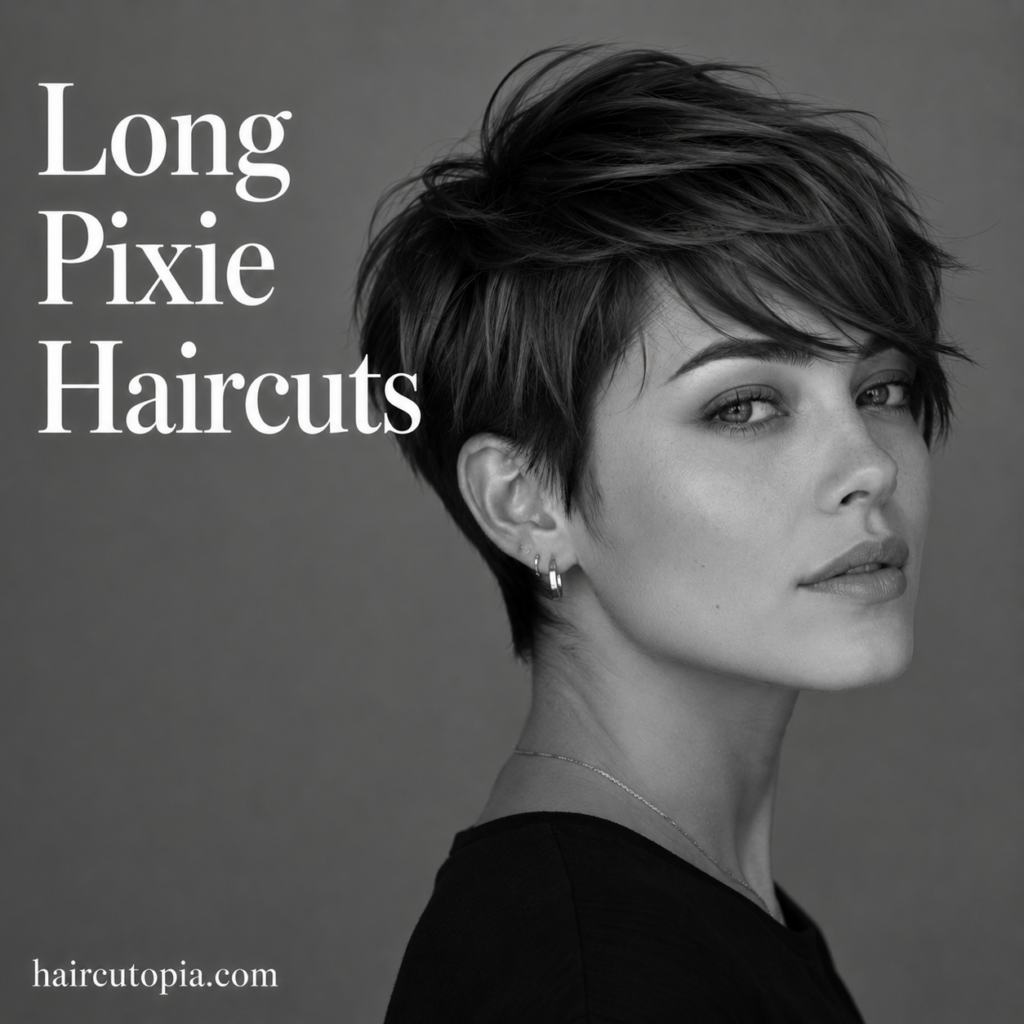 Modern long pixie haircut with layered top and side-swept fringe