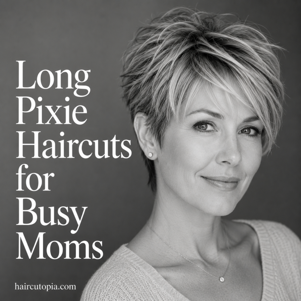 Busy mom with a modern long pixie haircut featuring textured layers, soft volume, and side-swept bangs.