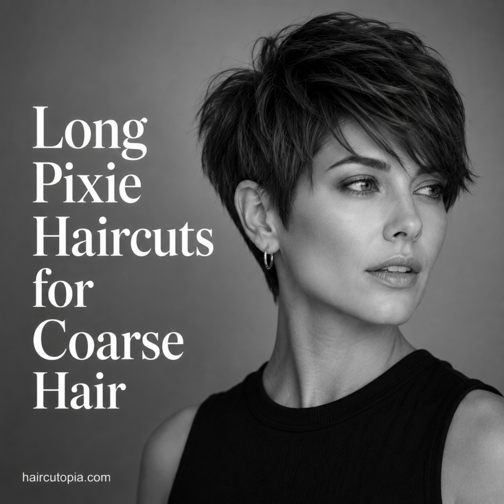 Woman with a long pixie haircut for coarse hair featuring textured layers, natural volume, and a side-swept fringe.