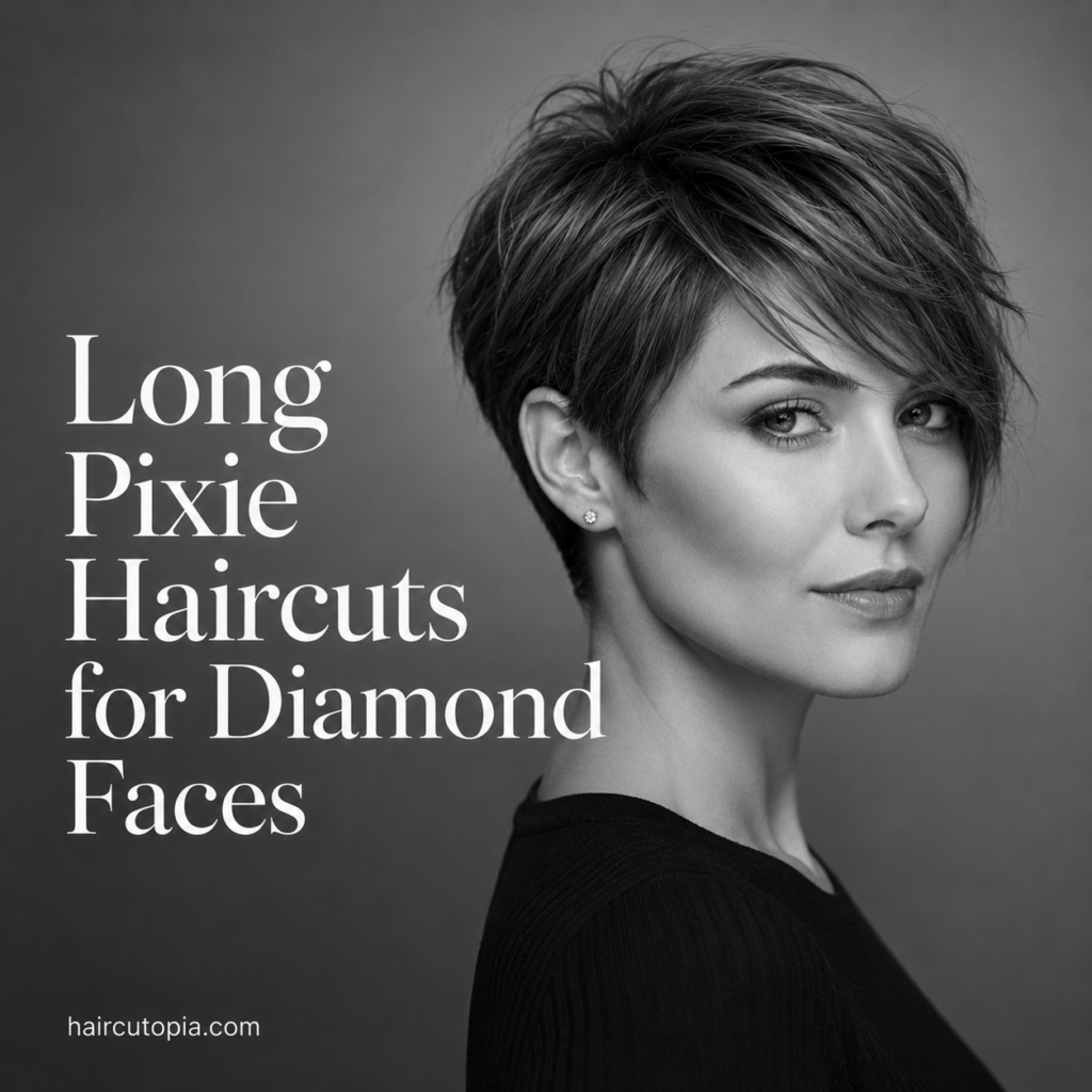 Woman with a modern long pixie haircut for a diamond-shaped face in a black-and-white editorial portrait.