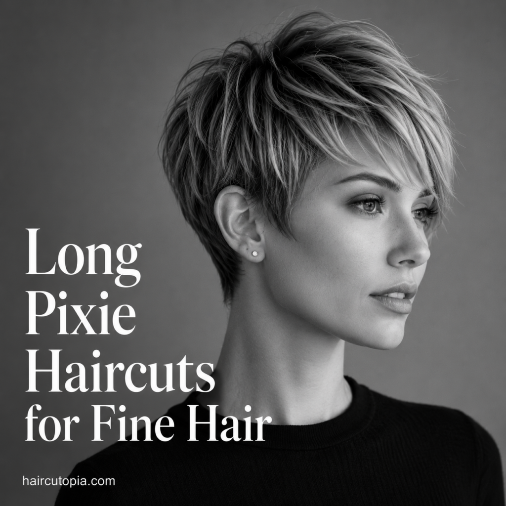 Woman with a long pixie haircut for fine hair featuring soft textured layers, crown lift, and side-swept bangs.