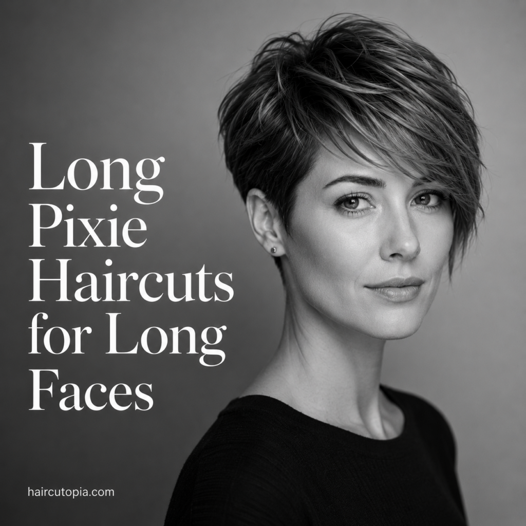 Woman with a modern long pixie haircut for a long face in a black-and-white editorial portrait.