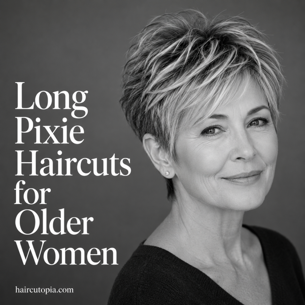 Older woman with a modern long pixie haircut featuring textured layers, crown volume, and soft side-swept bangs.