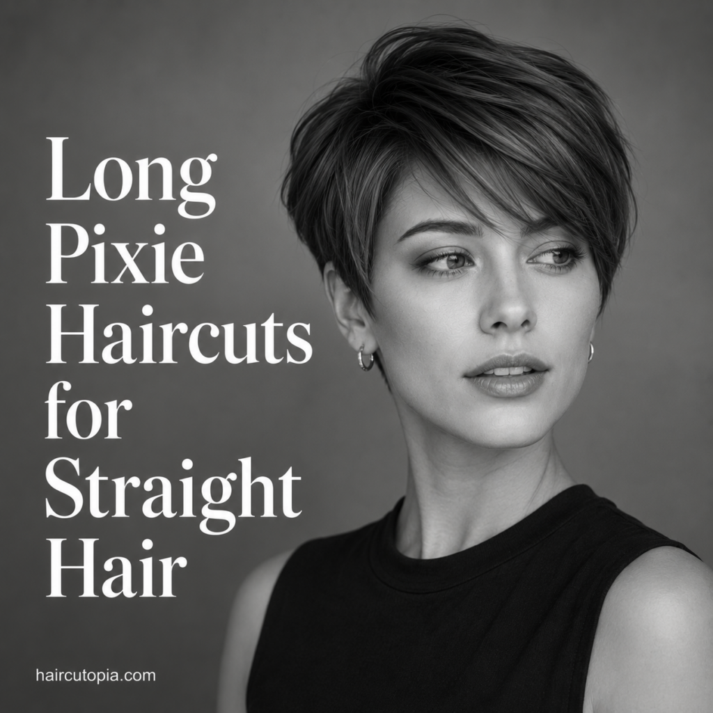 Woman with a long pixie haircut for straight hair featuring sleek layers, crown shape, and side-swept bangs.