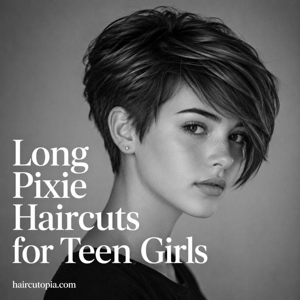 Realistic long pixie haircut for teen girls with textured layers and long side-swept bangs.
