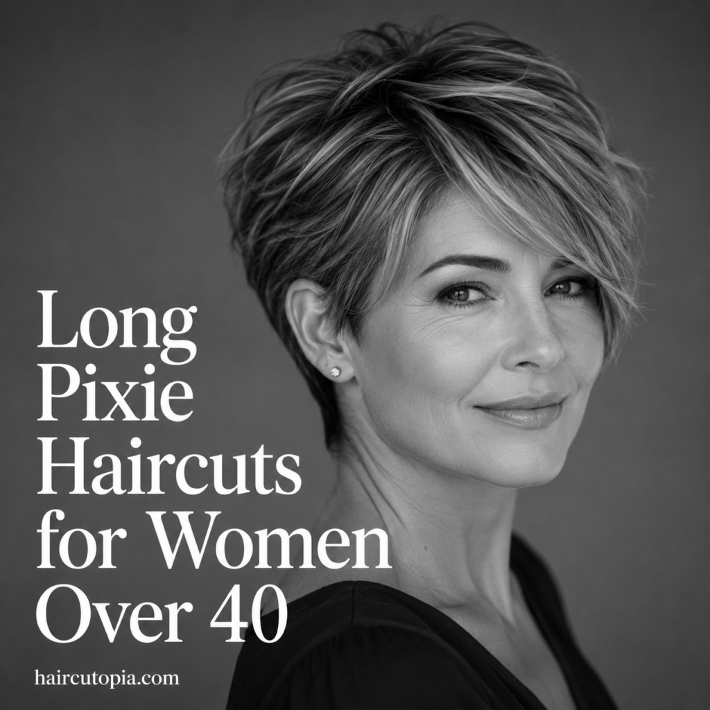 Woman over 40 with a modern long pixie haircut featuring textured layers and side-swept bangs.