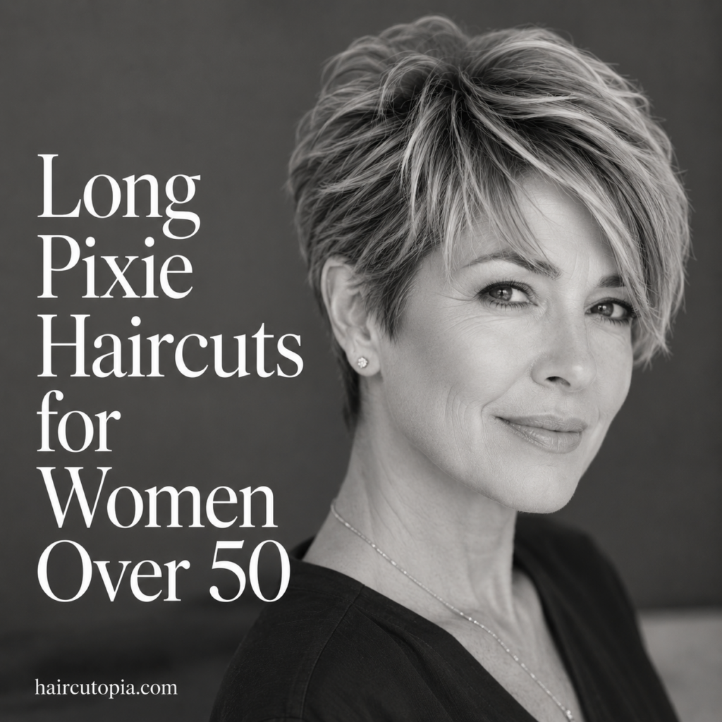 Woman over 50 with a modern long pixie haircut featuring soft layers, natural volume, and side-swept bangs.