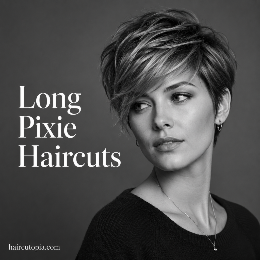 Woman with a long pixie haircut featuring layered texture, long side-swept bangs, and natural crown volume