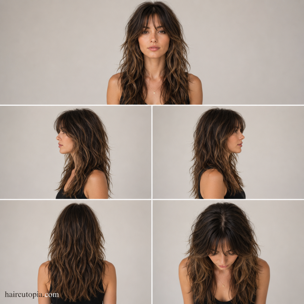 Five-view collage of a long shag haircut showing the front, left side, right side, back, and top views with layered textured hair.