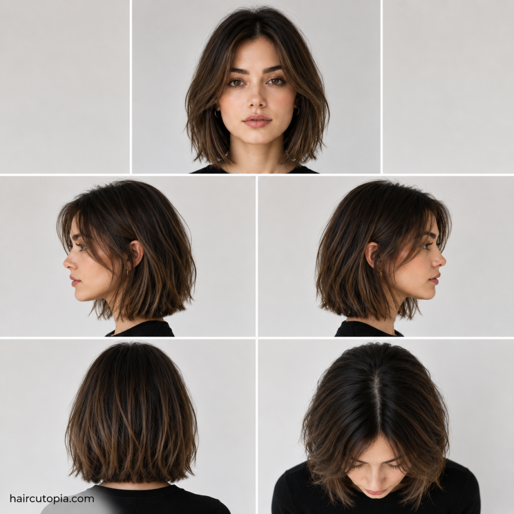 Five-view collage of a woman's long short bob haircut showing the front, left side, right side, back, and top views.