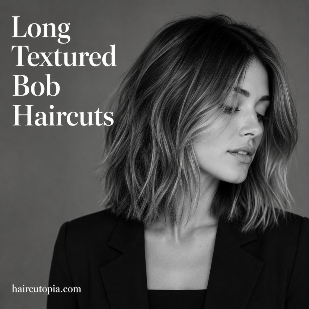 Woman with a long textured bob haircut featuring soft layered waves in a black-and-white editorial portrait.