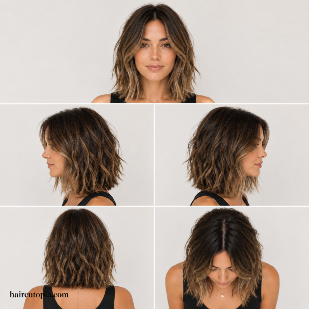 Five-view collage of a long textured bob haircut showing the front, left side, right side, back, and top views.
