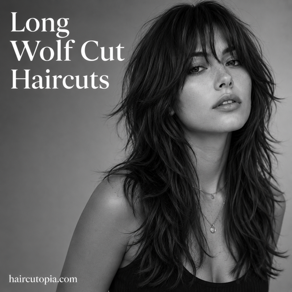 Woman with a long wolf cut haircut featuring textured layers, wispy bangs, and natural movement.