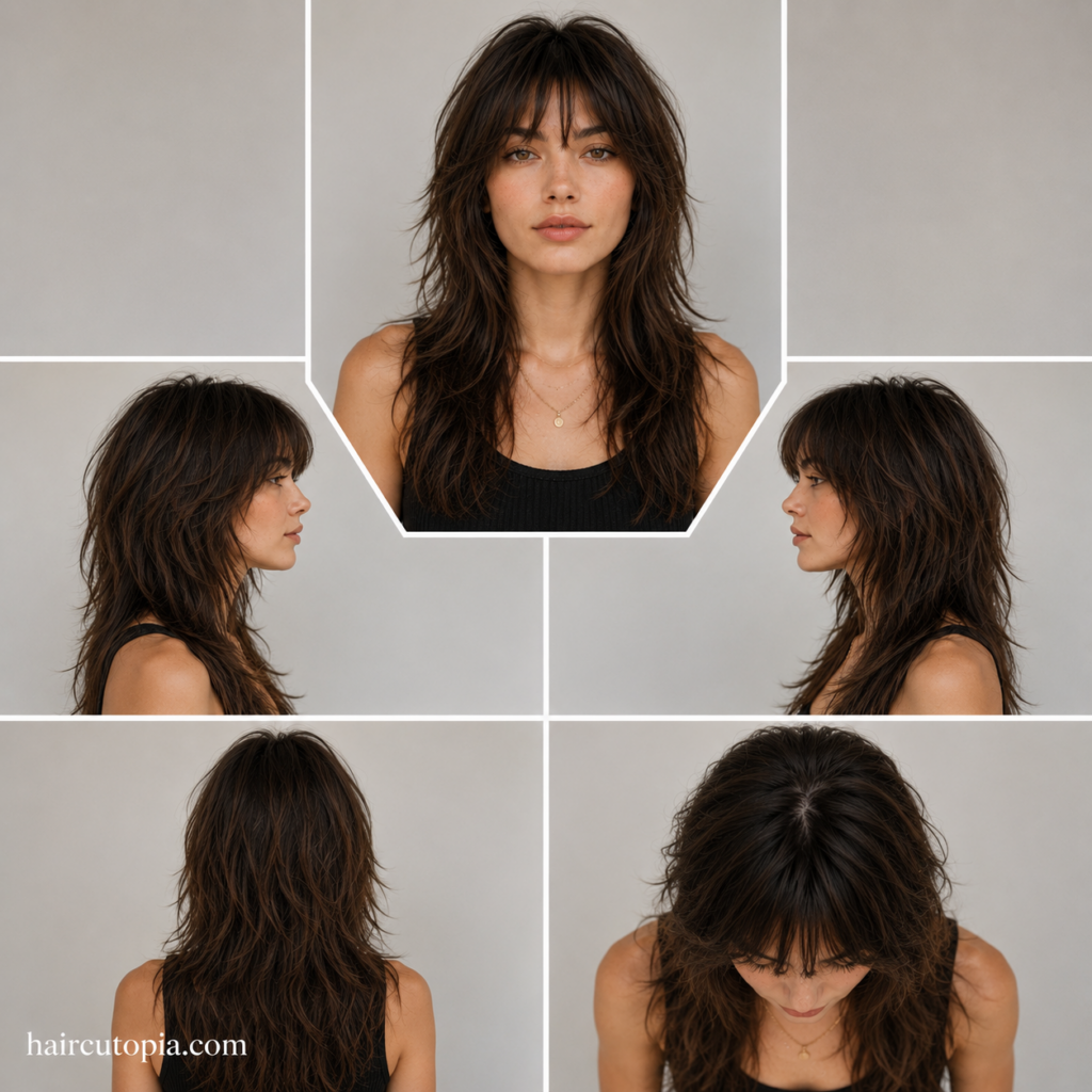 Five-view collage of a woman's long wolf cut haircut showing the front, left side, right side, back, and top views with layered textured hair.