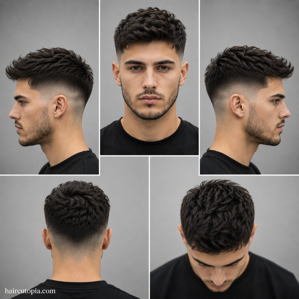 Five-view collage of a modern low fade haircut showing the front, left side, right side, back, and top views with a textured top and clean low fade.