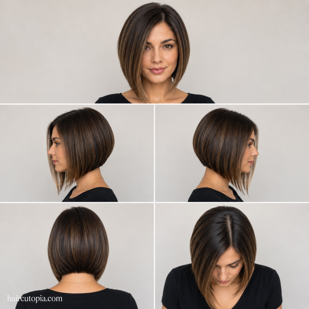 Five-view collage of a low maintenance A-line bob haircut showing the front, left side, right side, back, and top view of the easy-care angled hairstyle.