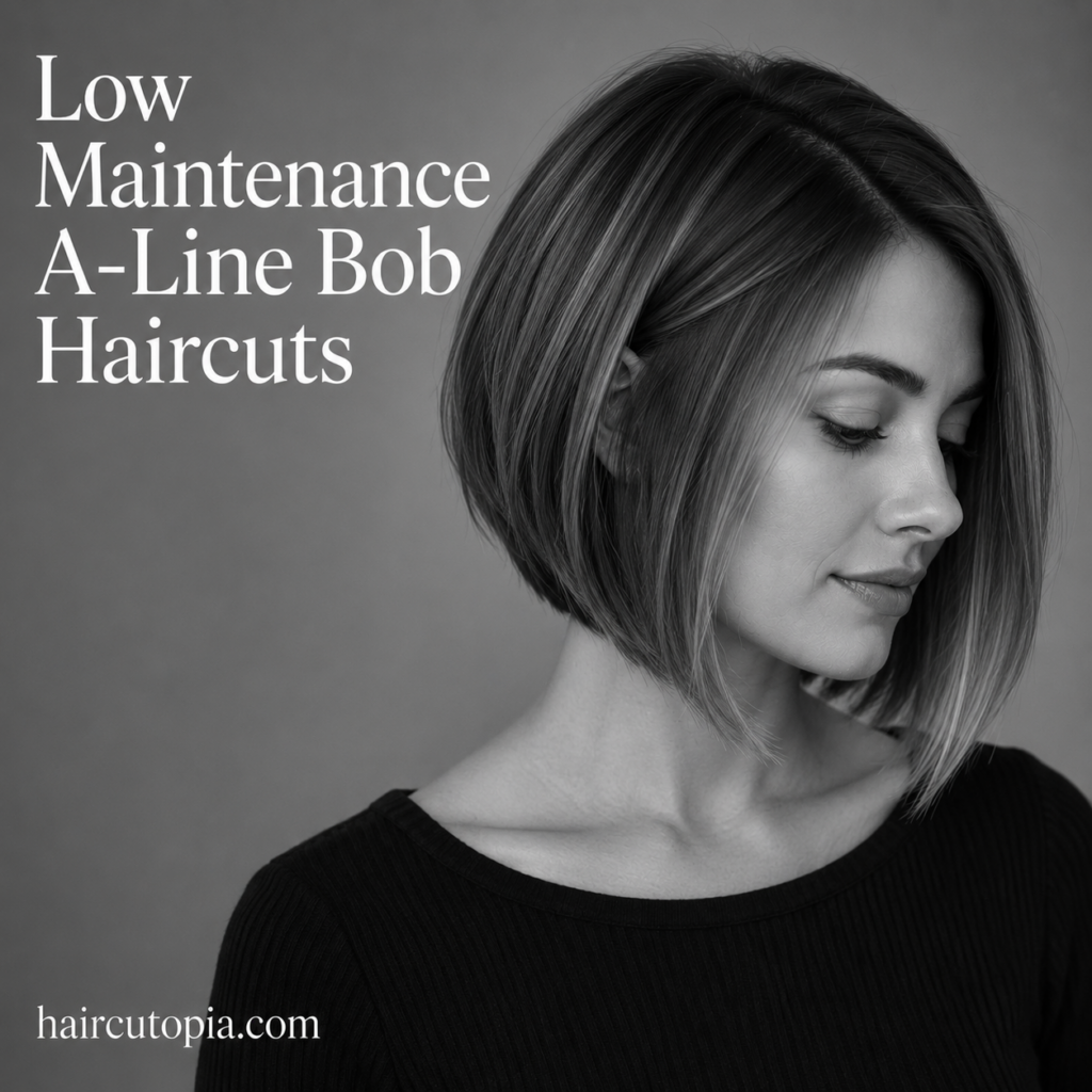 Low maintenance A-line bob haircut with soft angled layers in a black-and-white editorial portrait