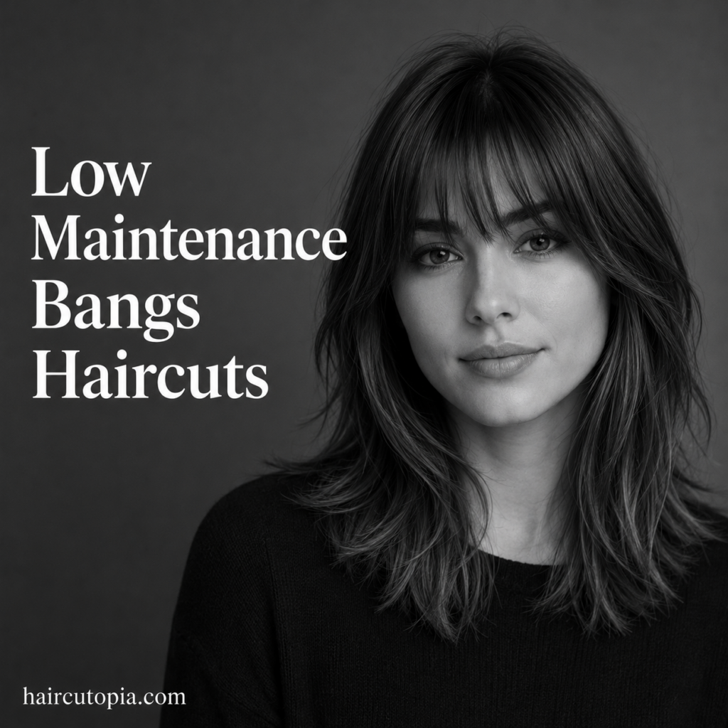 Woman with a low maintenance layered haircut featuring soft curtain bangs and natural texture