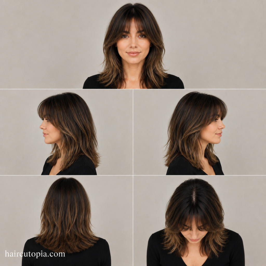 Five-view collage of a woman with a low maintenance layered haircut and soft curtain bangs shown from the front, left side, right side, back, and bird's-eye views.