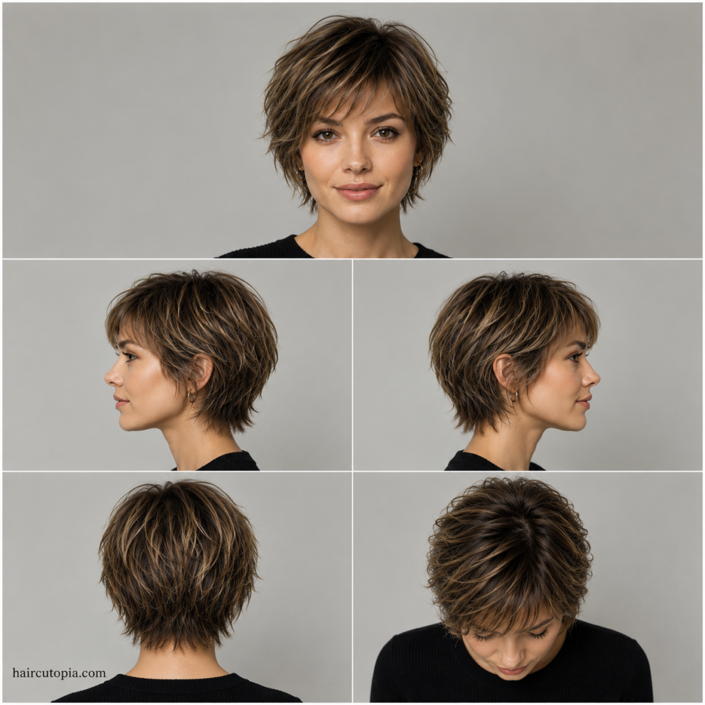 Low maintenance bixie haircut shown from the front, left side, right side, back, and top with soft textured layers and a natural wash-and-go shape.