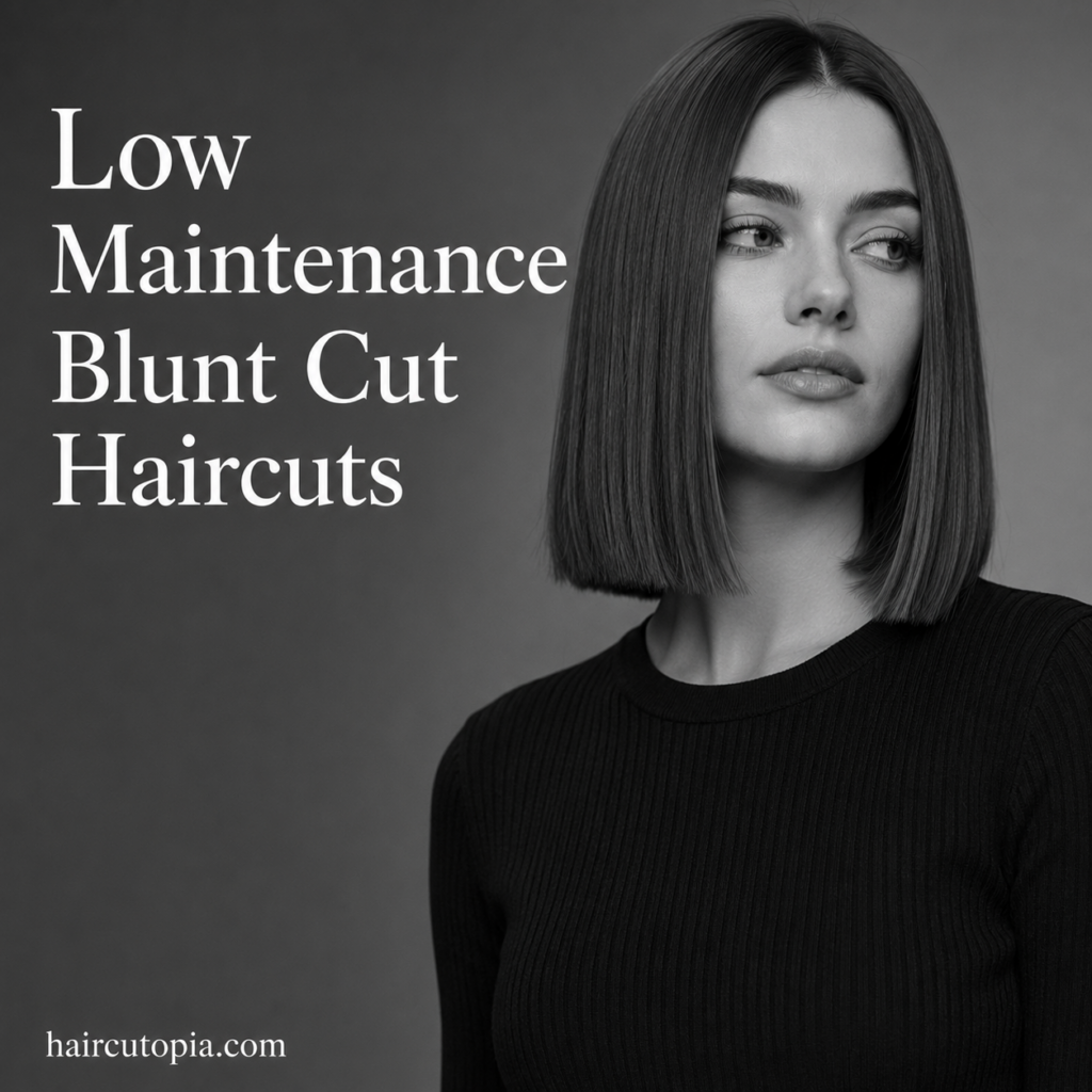 Woman with a sleek low maintenance blunt bob haircut in a black-and-white editorial portrait.