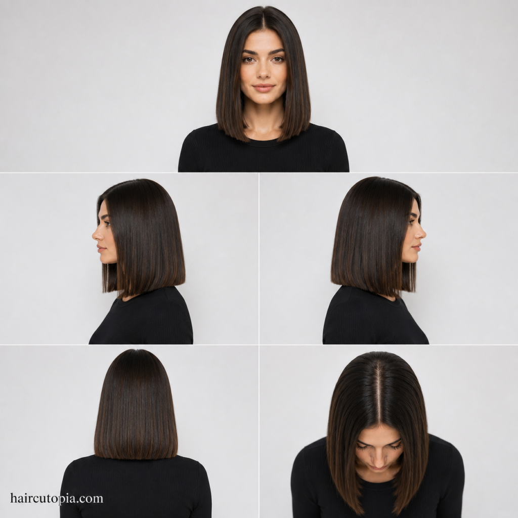 Five-panel collage showing a low maintenance blunt cut haircut from the front, left side, right side, back, and top views.