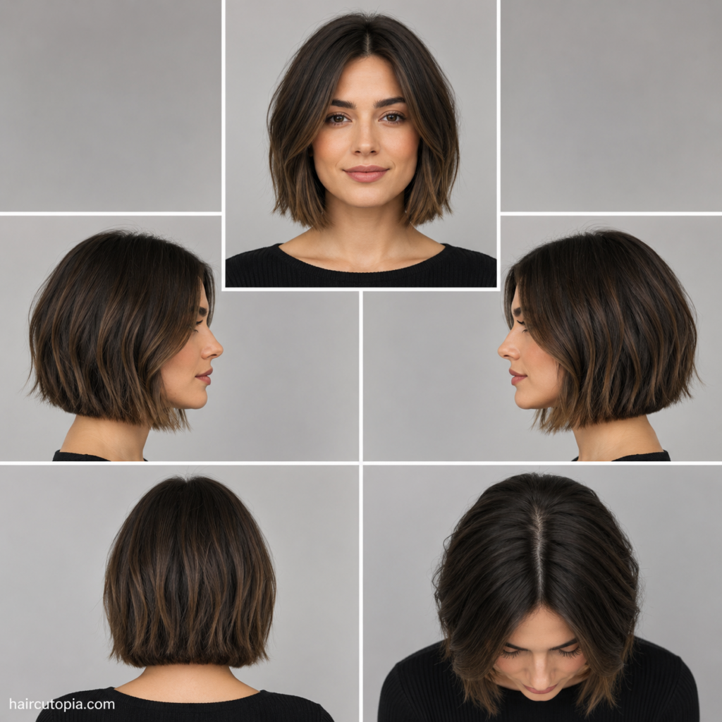 Five-view collage of a low maintenance bob haircut showing the front, left side, right side, back, and top views of a modern textured bob hairstyle.