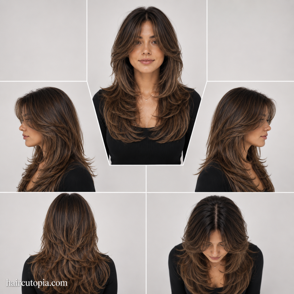 Five-view collage of a low maintenance butterfly cut haircut showing the front, left side, right side, back, and top views with soft layered volume.