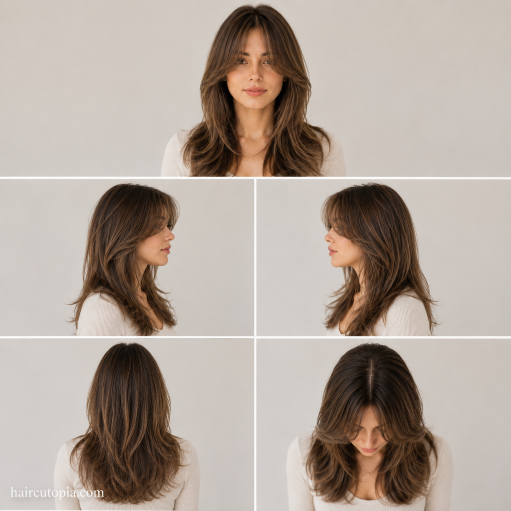 Five-view collage of a low maintenance curtain bangs haircut showing the front, left side, right side, back, and top views of a softly layered hairstyle.