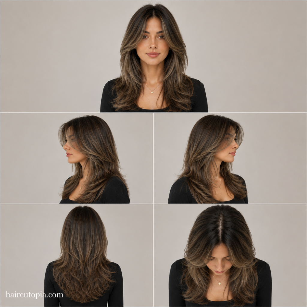 Five-view collage of a low maintenance face-framing layered haircut showing the front, left side, right side, back, and bird's-eye views.