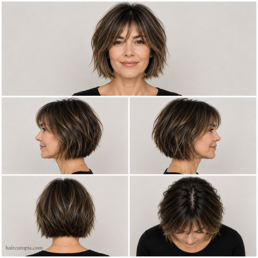 Low-maintenance French bob for busy moms shown from front, side, back, and top views