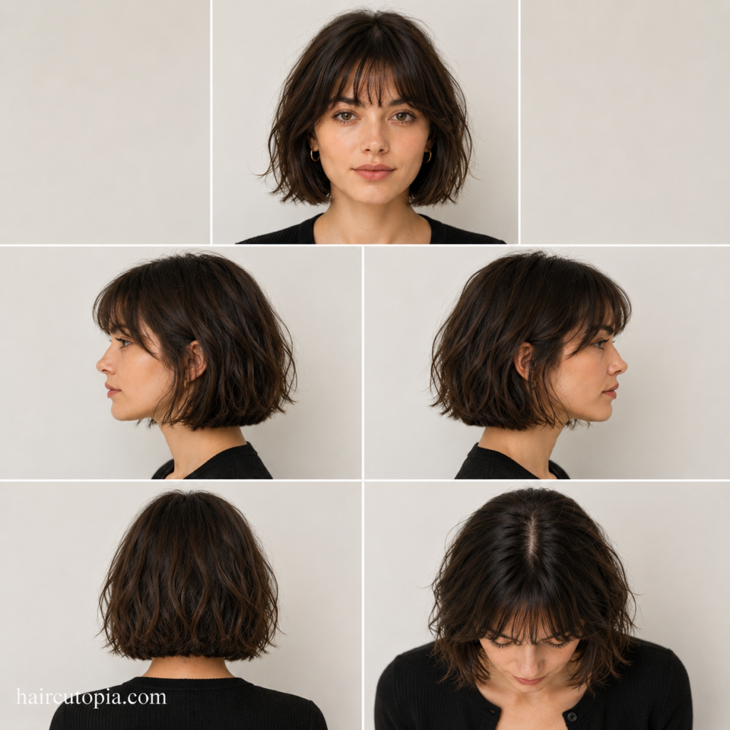 Low maintenance French bob haircut shown from the front, side, back, and top views