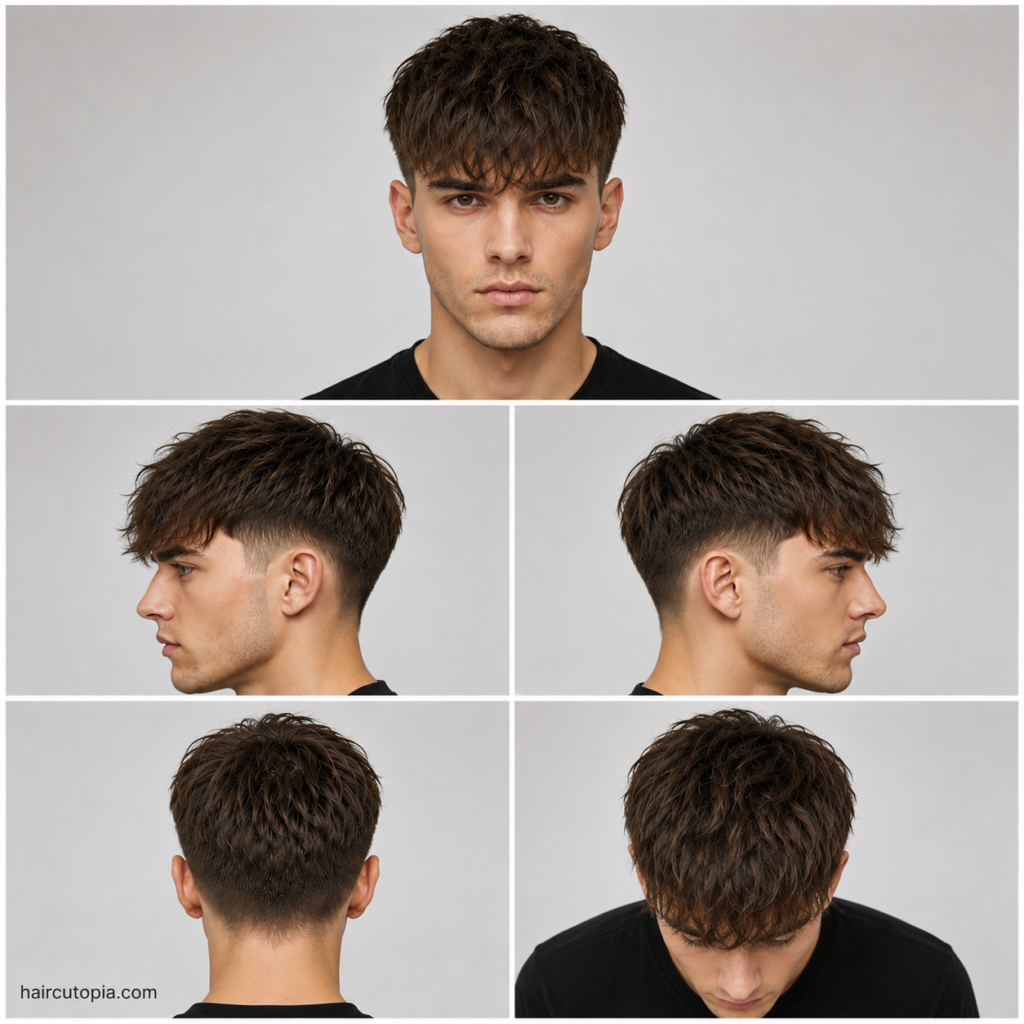 Five-view collage of a men's low maintenance fringe haircut showing the front, left side, right side, back, and top views with textured layers and a clean taper fade.