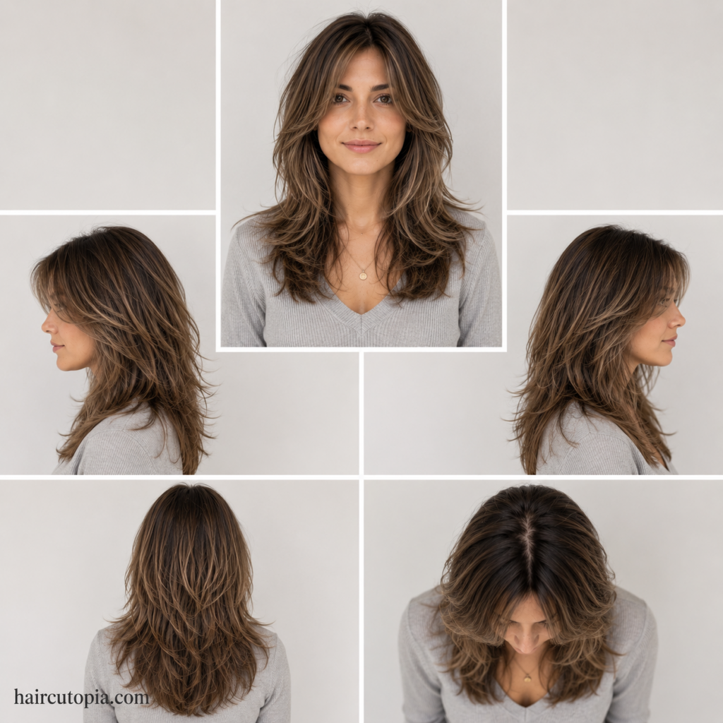 Five-panel collage showing a low maintenance layered haircut from the front, left side, right side, back, and top views.
