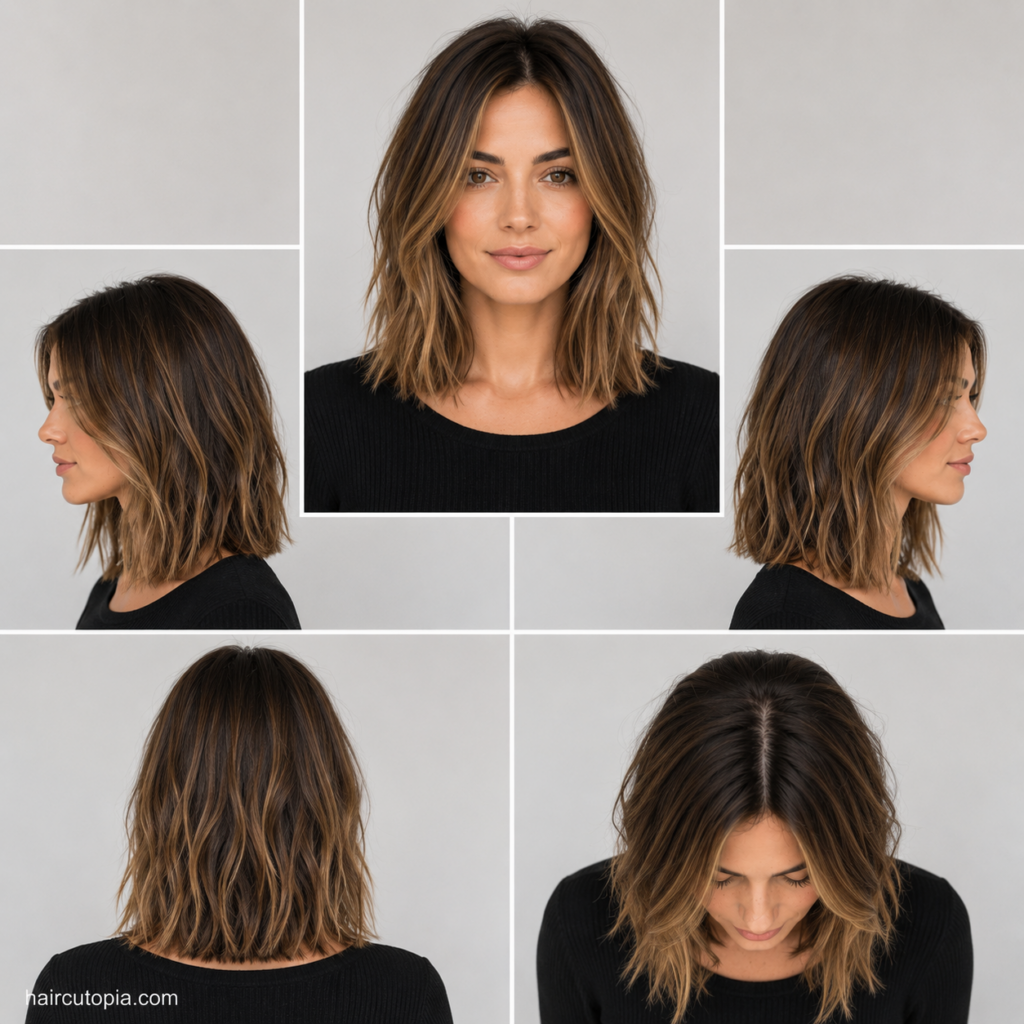 Five-view collage of a low maintenance long bob haircut showing the front, left side, right side, back, and bird's-eye views.