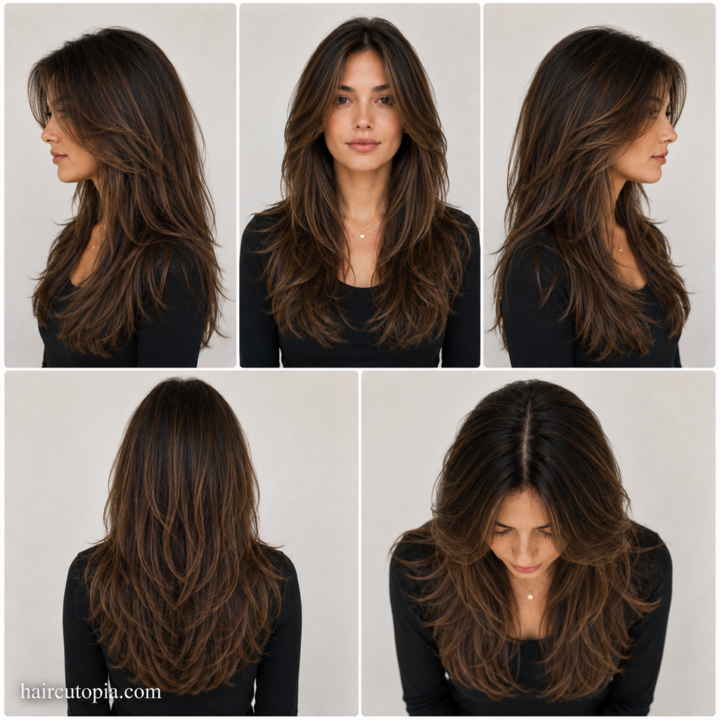 Five-panel collage showing a low maintenance long layers haircut from the front, left side, right side, back, and bird's-eye views.