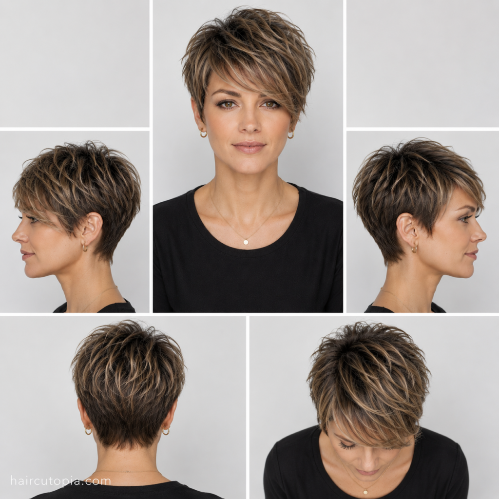 Five-panel collage showing a low maintenance long pixie haircut from the front, left side, right side, back, and top views, highlighting tousled layers, natural texture, and an easy tapered shape.