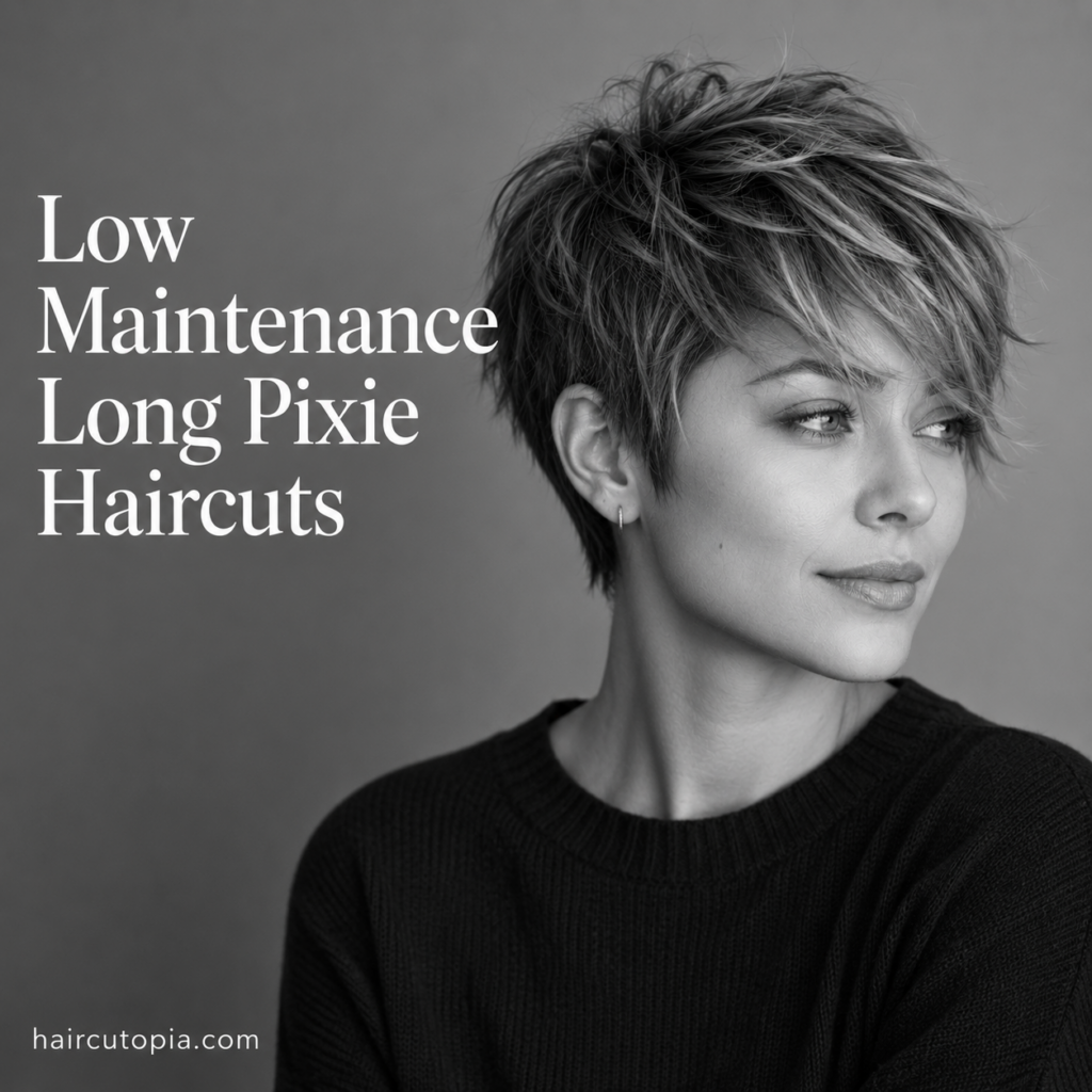 Woman with a low maintenance long pixie haircut featuring tousled layers, natural texture, a soft fringe, and an easy relaxed shape in a black-and-white editorial portrait.