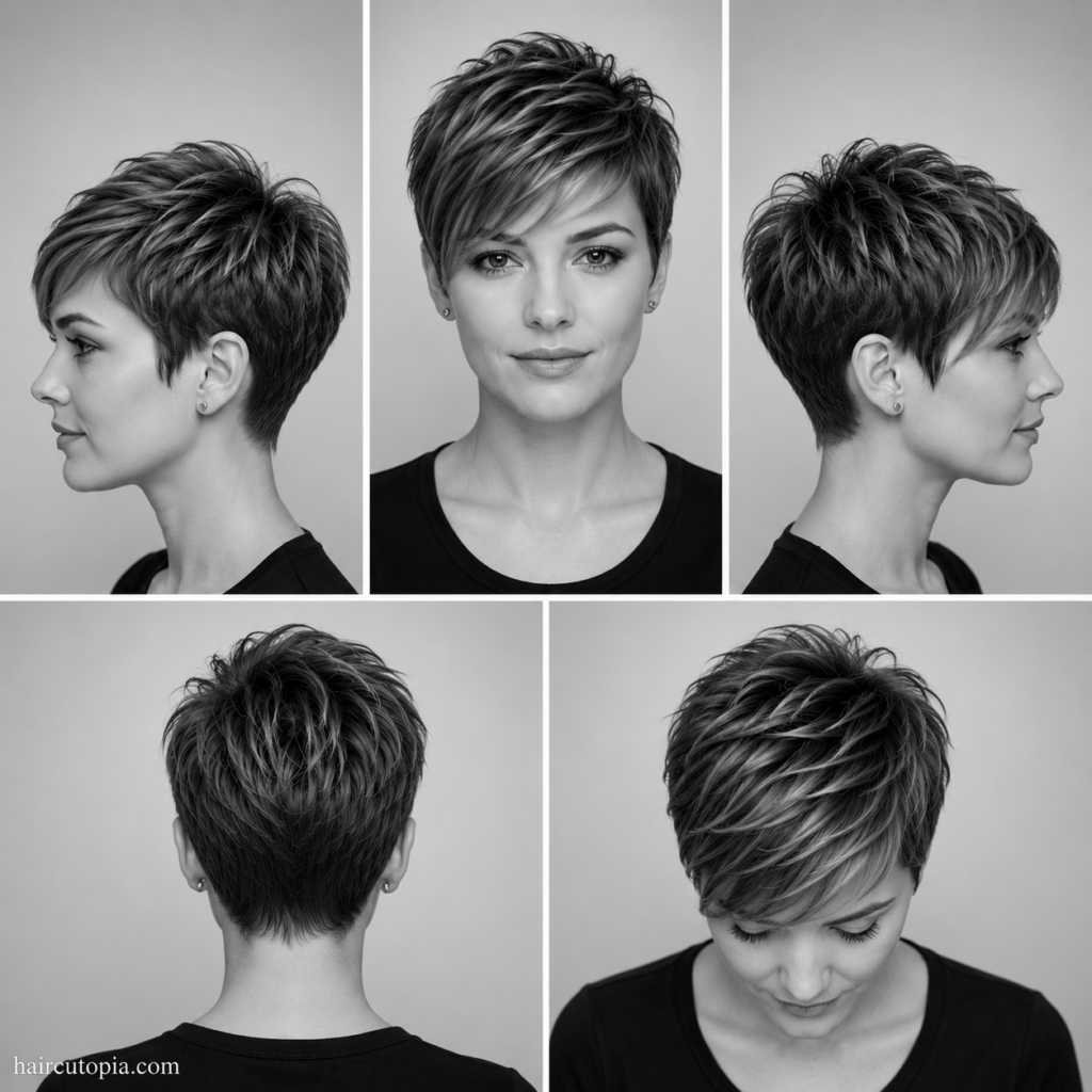 Low maintenance pixie haircut shown from the front, left side, right side, back, and top views