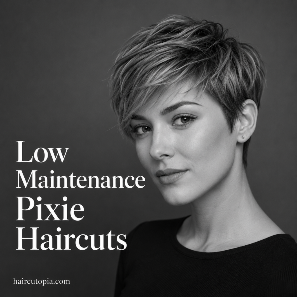 Woman with a low maintenance pixie haircut featuring soft textured layers and natural side-swept movement