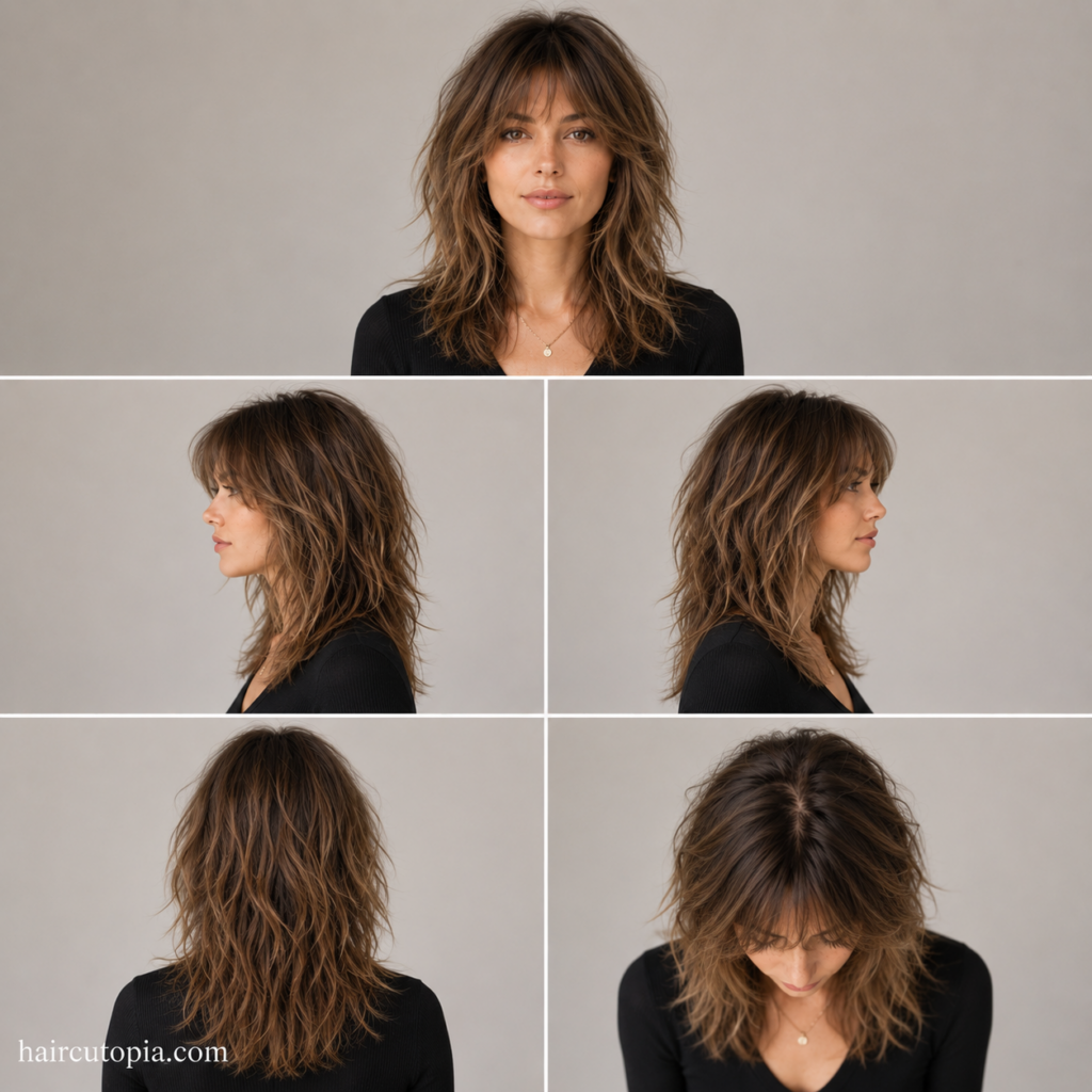 Five-view collage of a low maintenance shag haircut showing the front, left side, right side, back, and top views with soft textured layers.