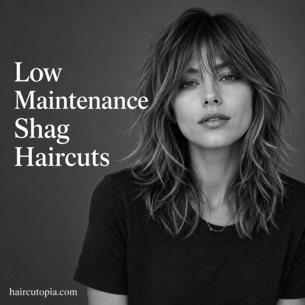 Woman with a low maintenance shag haircut in a black-and-white editorial portrait featuring soft textured layers and wispy curtain bangs.