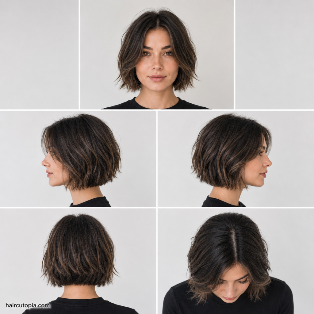 Five-view collage of a low maintenance short bob haircut showing the front, left side, right side, back, and top views.