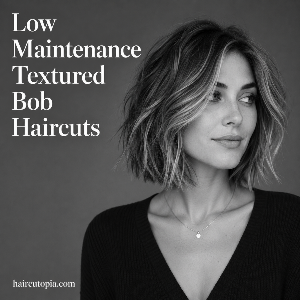 Woman with a low maintenance textured bob haircut featuring soft layers in a black-and-white editorial portrait.